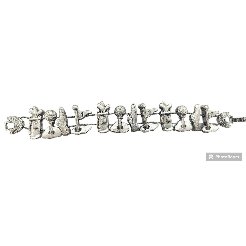 Vintage TOFA 1995 Golf Charm Bracelet Double Slider Chain 7.25" Shoe Bag Clubs